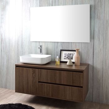 Mueble De Baño Suspendido De 120 Cm, Puerta Y 2 Cajones Nogal Oscuro, Lavabo De Apoyo Y Espejo 120x70 | Siena