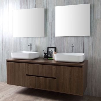 Mueble De Baño Suspendido 150 Cm Nogal Oscuro 2 Lavabos De Apoyo Y 2 Espejos | Siena