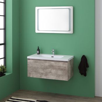 Mueble De Baño Con Cajón En Color Cemento Y Espejo Con Led Integrado | Madrid