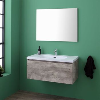 Mueble Con Cajón De 90 Cm Para Baño Color Cemento, Lavabo Y Espejo | Madrid