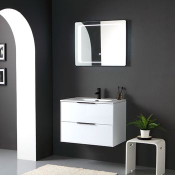 Mueble De Baño Suspendido Blanco Brillante Con Manija Negra Espejo Led Touch |parigi