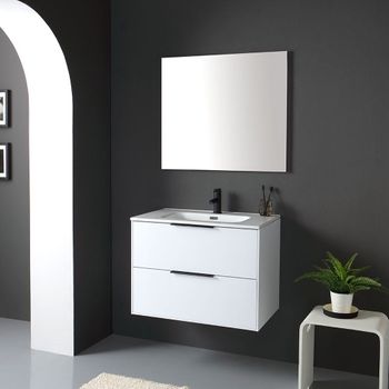 Mueble Lacado Blanco Para Baño 75cm Y Espejo Sin Marco | París