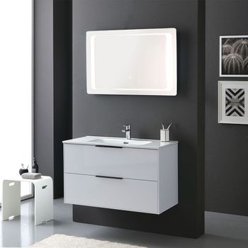 Mobile Bagno Bianco Lucido 90cm Maniglia Nero Opaco E Specchio A Led | Parigi