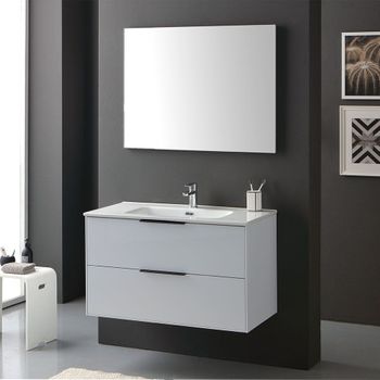 Mueble Blanco Brillante Para Baño 90cm Manijas Negras Espejo A Ras | París