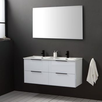 Mueble De Baño Suspendido 120cm Blanco Brillante Con Manija Negra Mate | París