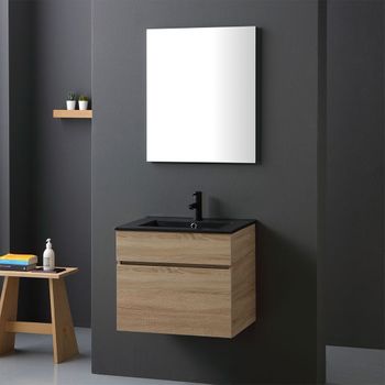 Mobile De Baño Suspendido De 60 Cm En Roble Natural Con Efecto Madera Y Lavabo Negro De La Serie Sole.