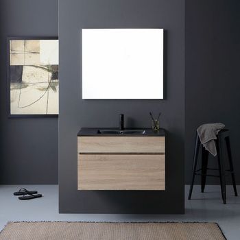 Mueble De Baño Suspendido De 90 Cm Con Efecto De Madera, Lavabo Negro Y Espejo Sole