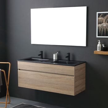 Mueble De Baño Móvil De 120cm En Roble Natural Con Doble Lavabo Negro Mate | Sole