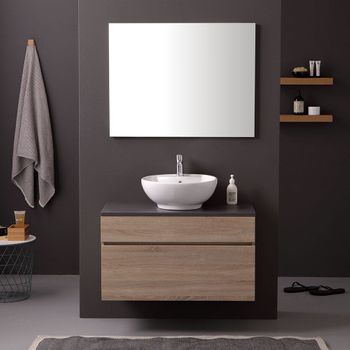 Mueble De Baño Suspendido De 90 Cm En Roble Natural, Encimera En Antracita, Lavabo De Apoyo Sole