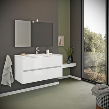 Mueble De Baño Con Cajones 100cm Lavabo Y Espejo Blanco Alto Brillo | Benaco