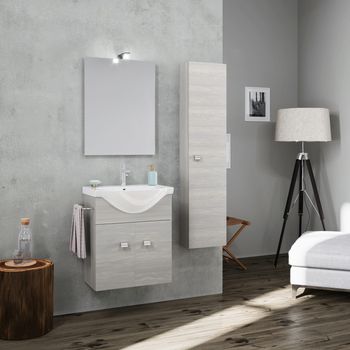 Mueble De Baño Suspendido 56,5cm Composición 2a Lavabo Y Espejo Roble Gris + Columna Roble Gris Serie Easy