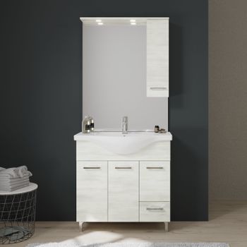 Mueble De Baño De 85 Cm En Roble Blanco Con Puertas, Cajón Y Espejo Con Colgante Rimini