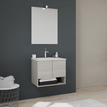 Móvil De Baño Suspendido De 60 Cm Con Puertas De Roble Gris Efecto Madera Venezia