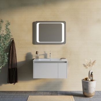 Mueble De Baño Suspendido Gris Mate 80 Cm Con Espejo 60x80 Led | Monaco