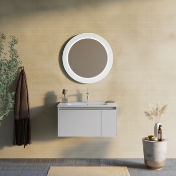 Mueble De Baño 80cm Gris Claro Mate Con Espejo Redondo Con Luz Led | Monaco