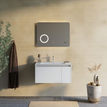 Mueble De Baño Suspendido 80cm Blanco Mate Espejo 80x60 Touch Led | Mónaco