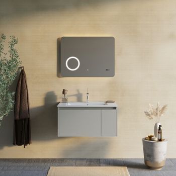 Mueble De Baño De 80cm En Arena Mate Y Espejo Led Con Reloj | Mónaco