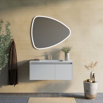 Mueble De Baño Blanco Mate De 100 Cm, Lavabo Y Espejo En Forma De Gota | Monaco