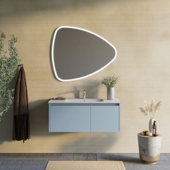 Mueble De Baño Suspendido Con Lavabo 100cm Azul Mate, Espejo Con Led | Monaco