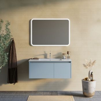 Mueble De Baño 100cm Azul Celeste Mate, Lavabo De Cerámica, Espejo | Mónaco