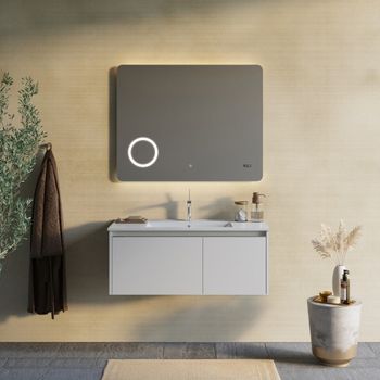 Mueble De Baño Suspendido 100cm Gris Con Espejo Led Y Reloj | Mónaco