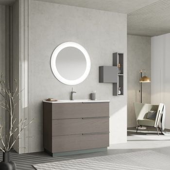 Mueble De Baño De Pie 100cm Cajones Gris Led Espejo Redondo | New York