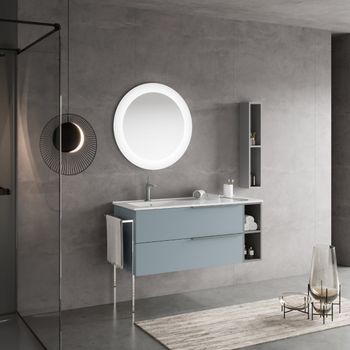 Mueble De Baño Azul Cielo De 120cm, Lavabo, Espejo Redondo | New York