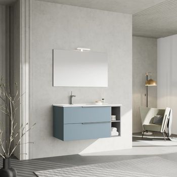 Mueble De Baño De Pared 100cm Azul Claro, Lavabo Y Espejo Con Lámpara | New York