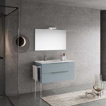 Mueble De Baño De Pared 100cm Azul Claro Mate Cajones, Lavabo De Cerámica Izquierda | New York