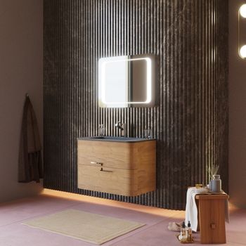 Mueble De Baño Suspendido 80cm Cajones Roble Miel, Lavabo Negro Mate | Hollywood