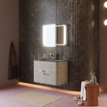 Mueble De Baño Suspendido 80cm Roble Ártico Y Lavabo De Resina Negro | Hollywood