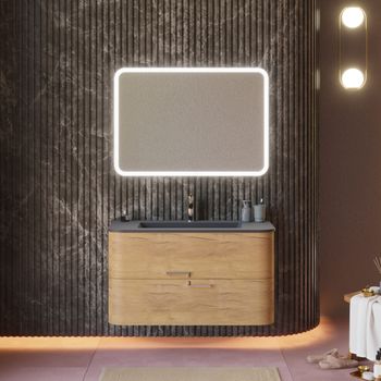 Mueble Suspendido De Baño 100cm Roble Miel, Lavabo Negro Y Espejo | Hollywood