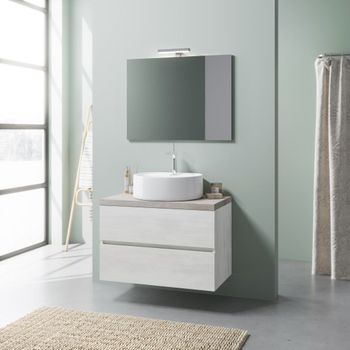 Mueble De Tocador De 80cm Cajones De Roble Blanco Y Tapa De Beton, Espejo De 80x60