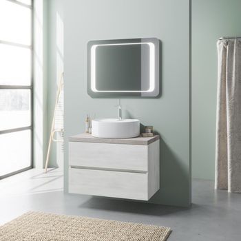 Mueble Suspendido 80cm Roble Blanco Y Beton, Mueble Lavabo, Espejo Led