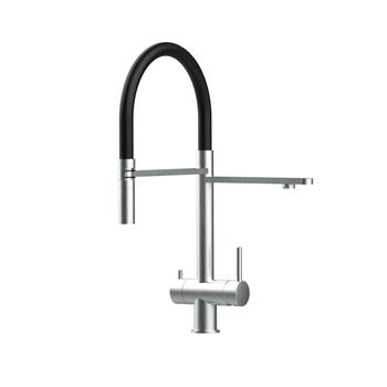 Grifo Cocina 3vías Acero Inox Cepillado - Caño Negro Ducha 2chorros