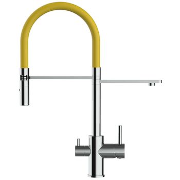 Grifo De Cocina 3vías - Caño Flexible Amarillo Y Ducha 2 Chorros