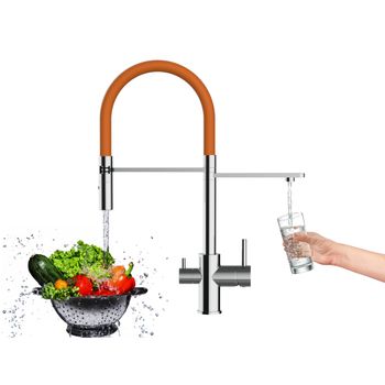 Grifo De Cocina 3vías - Caño Flexible Naranja Y Ducha 2 Chorros