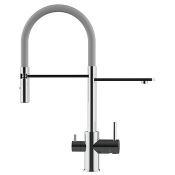 Grifo De Cocina 3vías - Caño Flexible Gris Y Ducha 2 Chorros