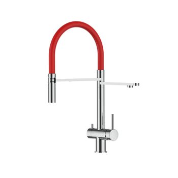 Grifo De Cocina 3vías Acero Inox Pulido - Caño Rojo Ducha 2chorros