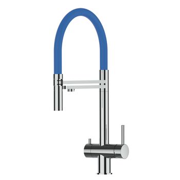 Grifo De Cocina 3vías Acero Inox Pulido - Caño Azul Ducha 2chorros