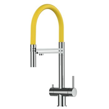 Grifo De Cocina 3vías Acero Inox Pulido - Caño Amarillo Ducha 2chorros