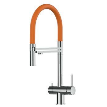 Grifo De Cocina 3vías Acero Inox Pulido - Caño Naranja Ducha 2chorros