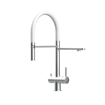 Grifo Cocina 3vías Acero Inox Cepillado - Caño Blanco Ducha 2chorros