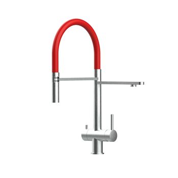 Grifo Cocina 3vías Acero Inox Cepillado - Caño Rojo Ducha 2chorros