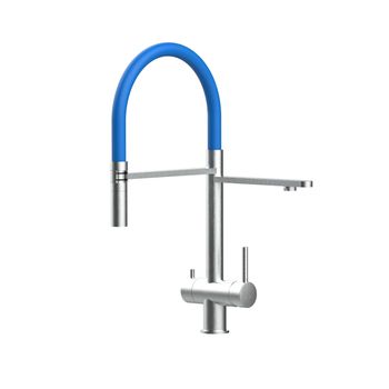 Grifo Cocina 3vías Acero Inox Cepillado - Caño Azul Ducha 2chorros