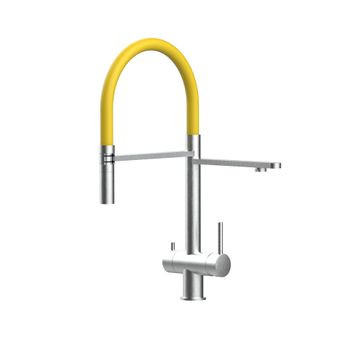 Grifo Cocina 3vías Acero Inox Cepillado - Caño Amarillo Ducha 2chorros