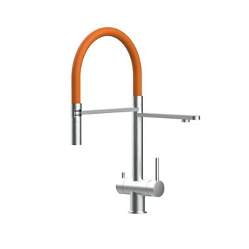 Grifo Cocina 3vías Acero Inox Cepillado - Caño Naranja Ducha 2chorros