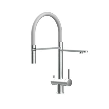 Grifo Cocina 3vías Acero Inox Cepillado - Caño Gris Ducha 2chorros