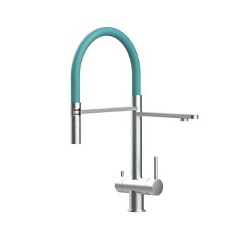 Grifo Cocina 3vías Acero Inox Cepillado - Caño Turquesa Ducha 2chorros