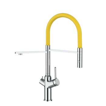 Grifo De Cocina 3vías - Caño Flexible Amarillo Y Ducha 2 Chorros